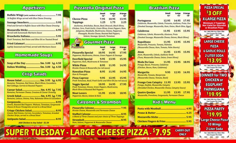 JD's Pizzarella Menu,Menú para JD's Pizzarella, Deerfield Beach, Miami