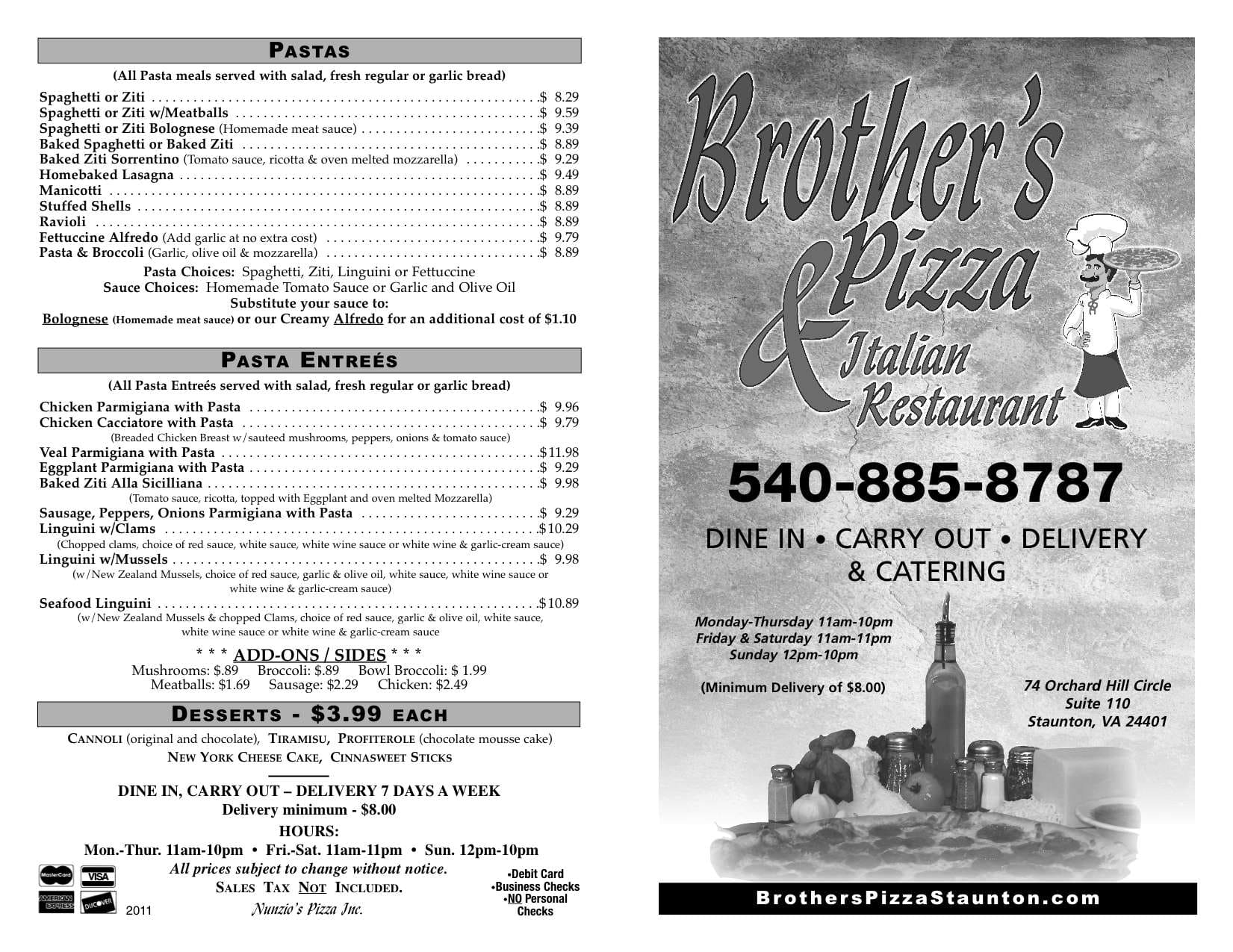 Menu at Brother's Pizza & Italian Restaurant, Staunton, 74 Orchard Hill