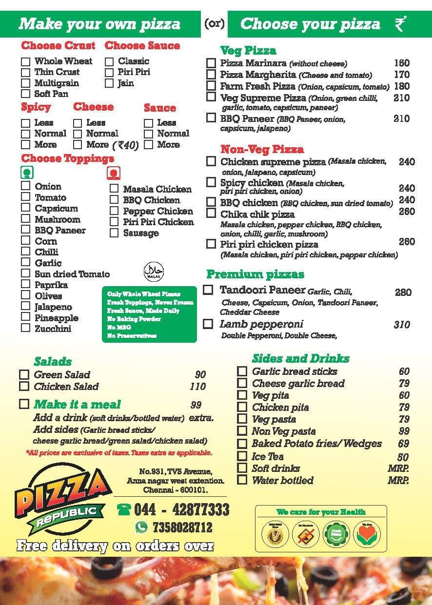 Pizza Republic menu, Menu restauracji Pizza Republic, Mogappair