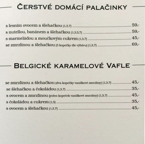 Menu at Kavarna u svate Ludmily restaurant, Prague
