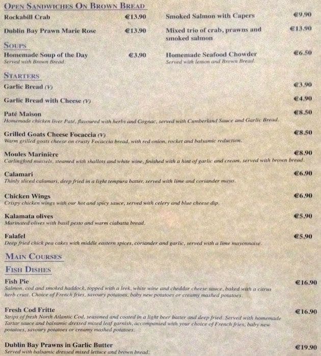 Menu at Stoop Your Head pub & bar, Skerries