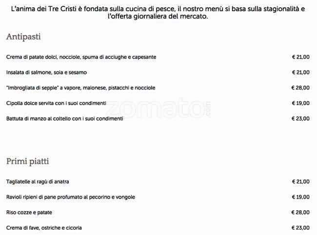 Menu di Tre Cristi Milano 