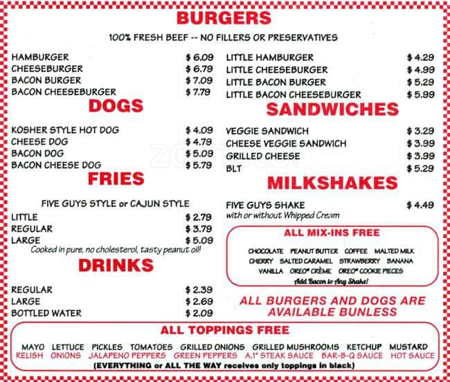 Five Guys Menu, Menu for Five Guys, Broomfield, Denver Urbanspoon/Zomato