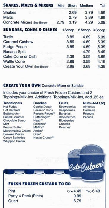 Menu At Culver's Fast Food, Parker, Mainstreet