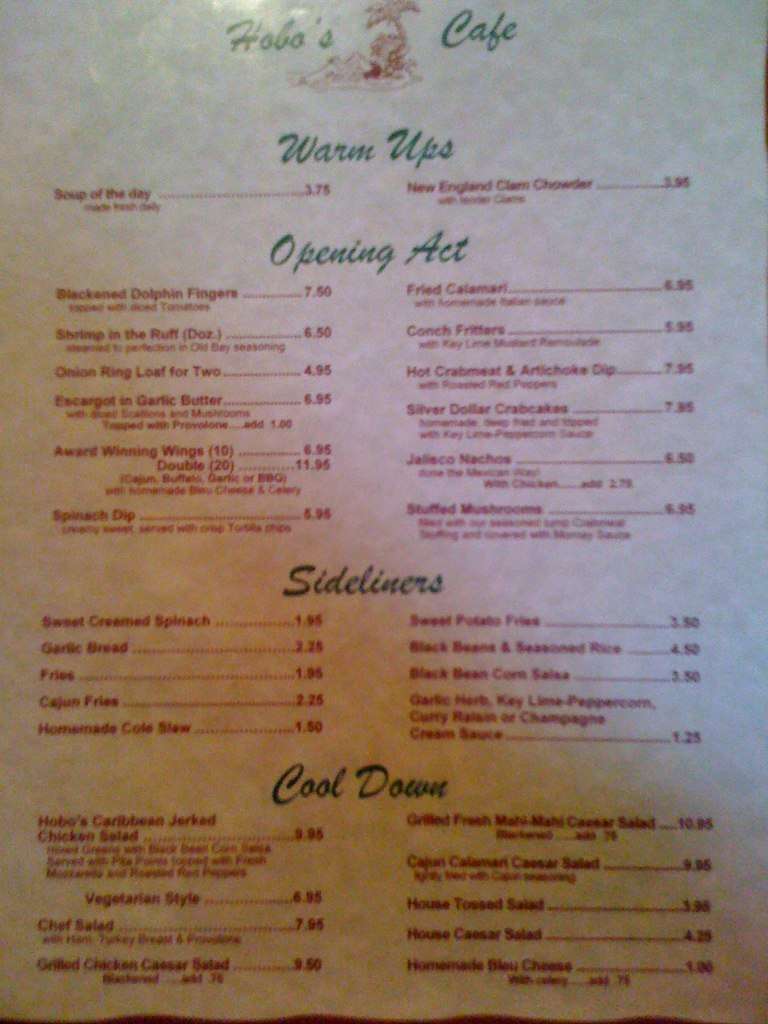 Hobo's Cafe Menu, Menu for Hobo's Cafe, Key Largo, Florida