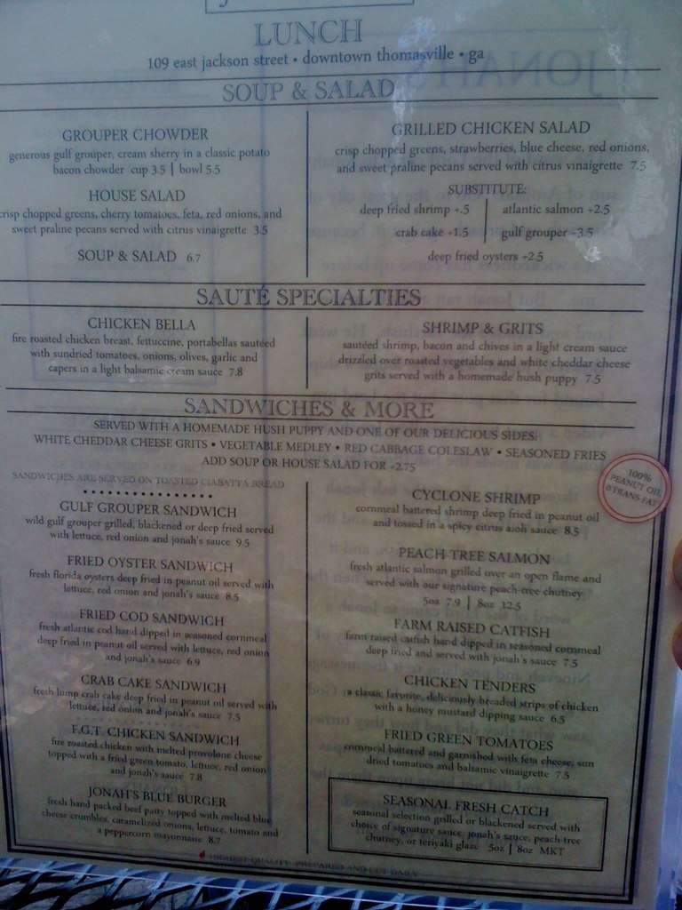 Jonah's Fish & Grits Menu Urbanspoon/Zomato