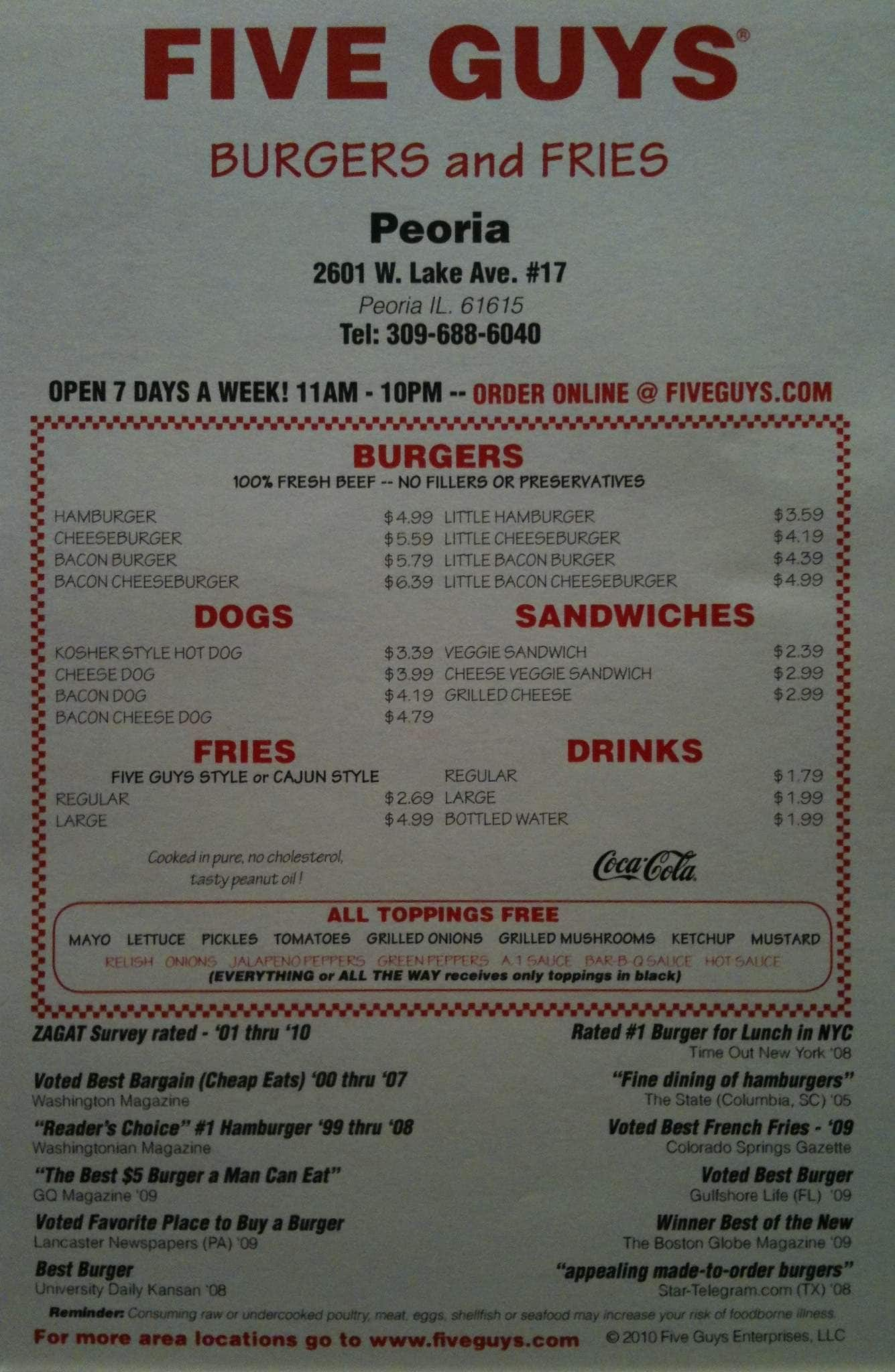 Five Guys Burgers And Fries Menu Urbanspoonzomato 