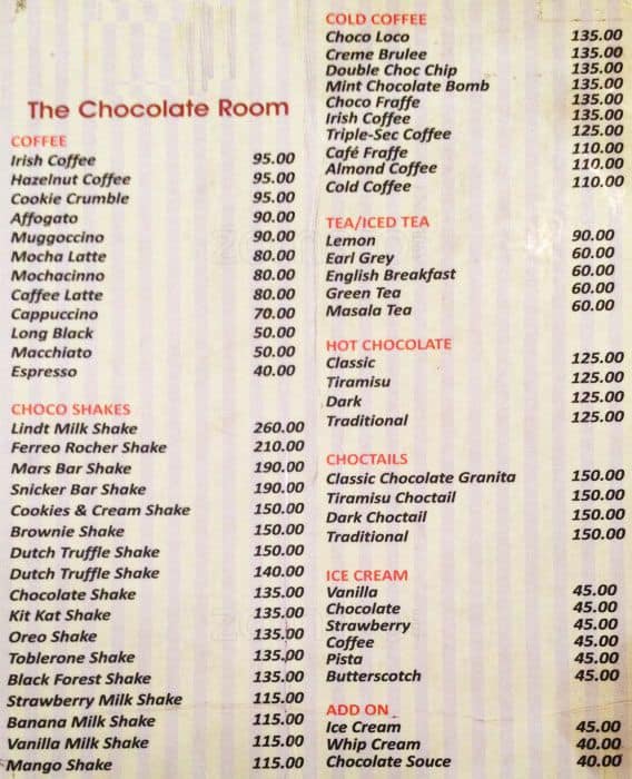 The Chocolate Room Menu