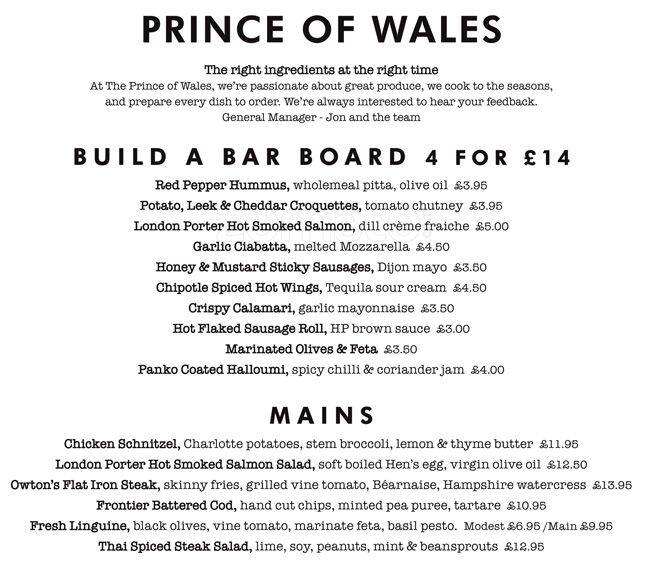 The Prince of Wales Menu, Menu for The Prince of Wales, Surbiton
