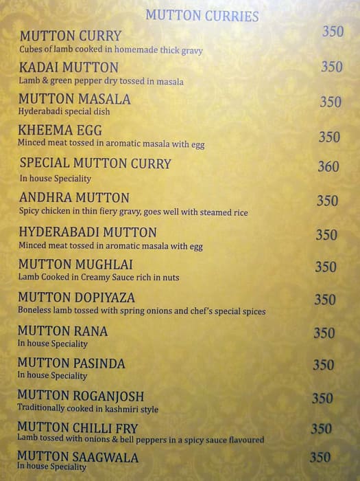 Shahi Dastarkhwan menu