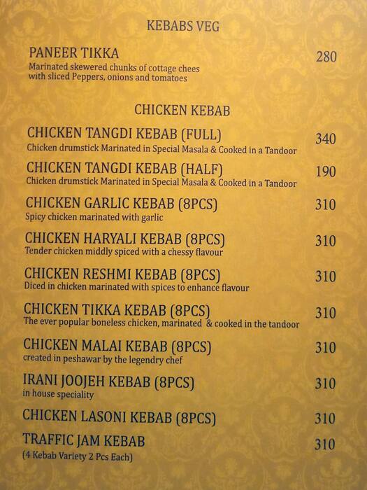 Shahi Dastarkhwan menu
