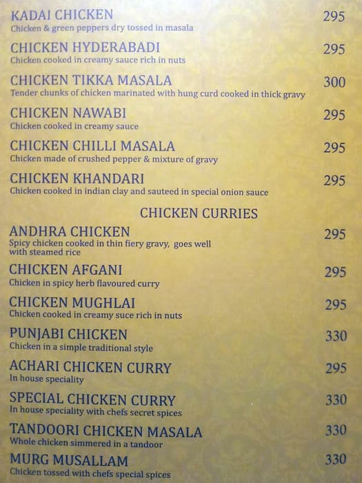 Shahi Dastarkhwan menu