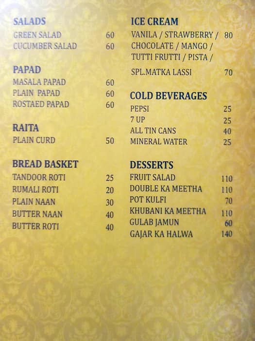Shahi Dastarkhwan menu