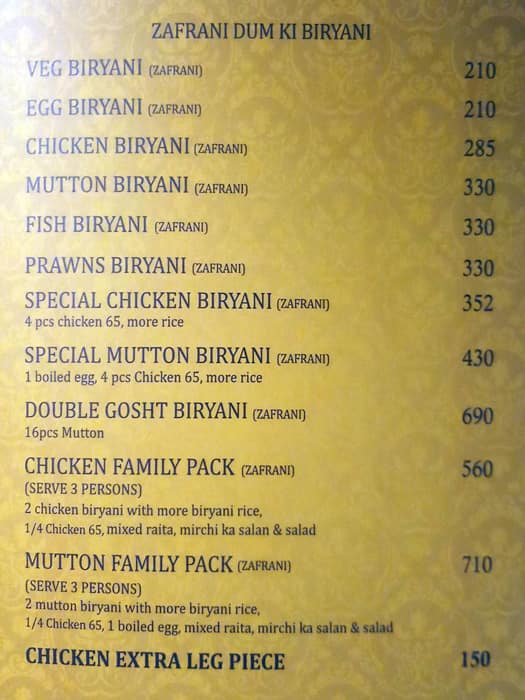 Shahi Dastarkhwan menu