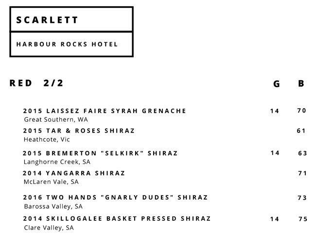Harbour Rocks Hotel menu