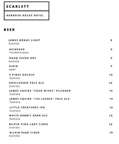 Harbour Rocks Hotel menu