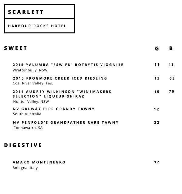 Harbour Rocks Hotel menu