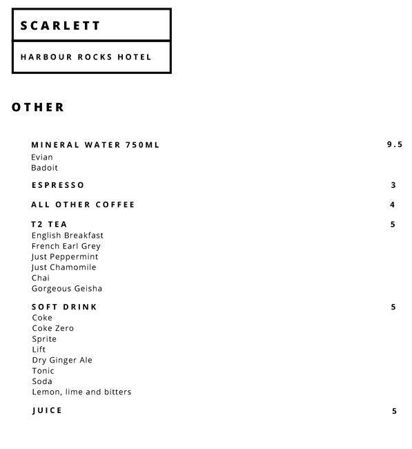 Harbour Rocks Hotel menu
