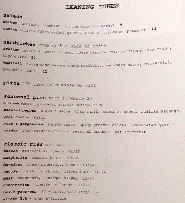 leaning tower pizza menu