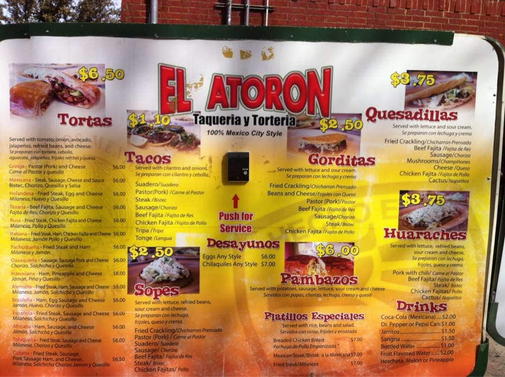 Menu at El Atoron restaurant, Dallas, N Henderson Ave