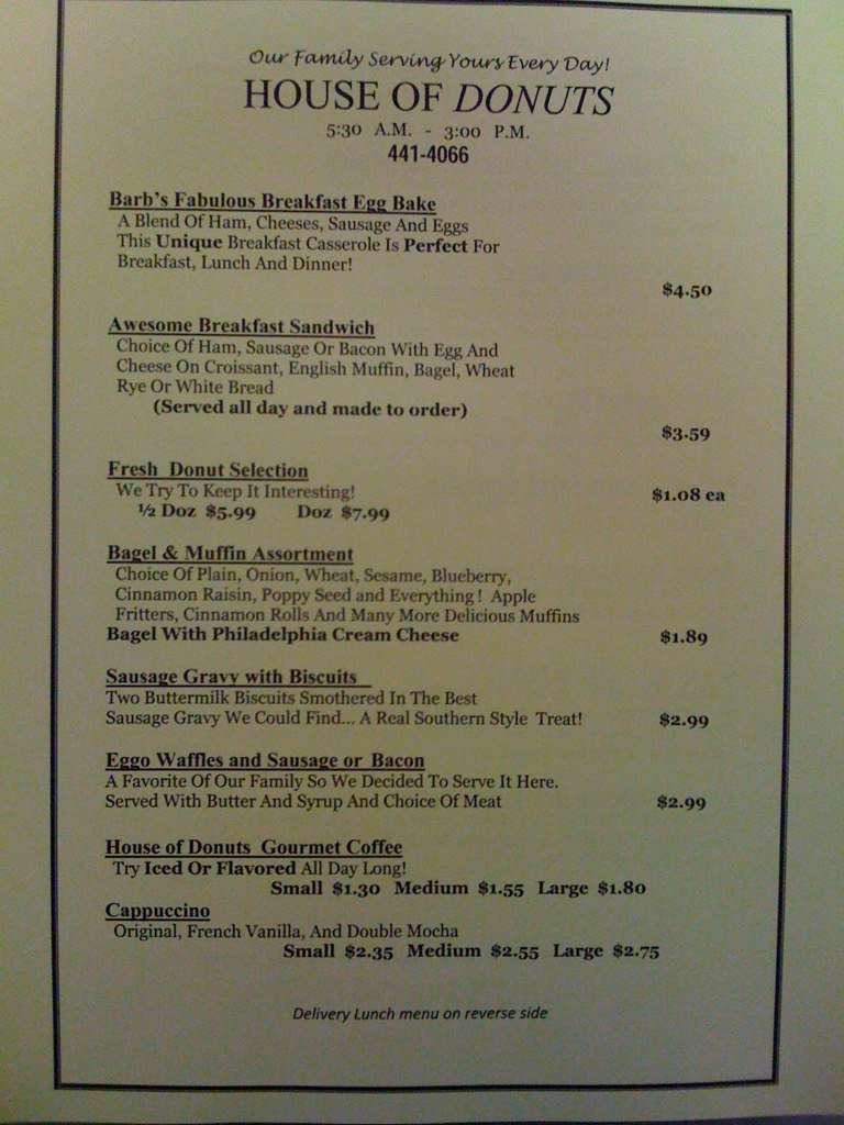 Menu at Beachside Cafe and Donuts, Ormond Beach