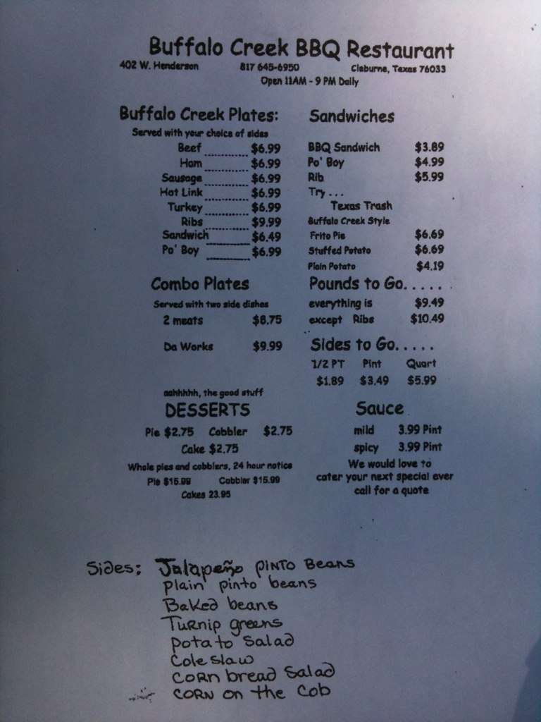 Menu at Buffalo Creek BBQ, Cleburne