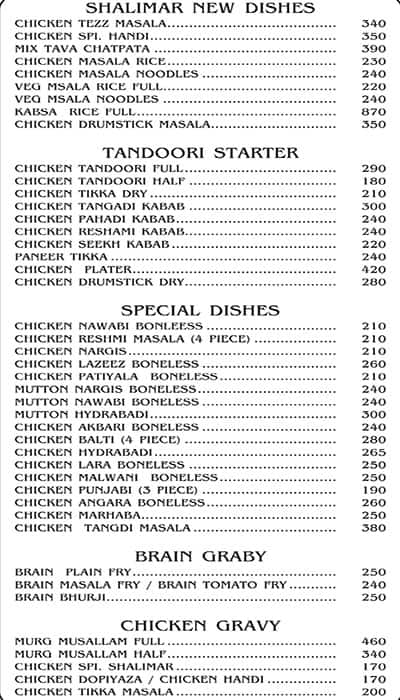 Cafe Shalimar menu