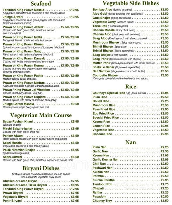 Menu at Chutneys Indian Restaurant, Uxbridge, 26 Cowley Rd