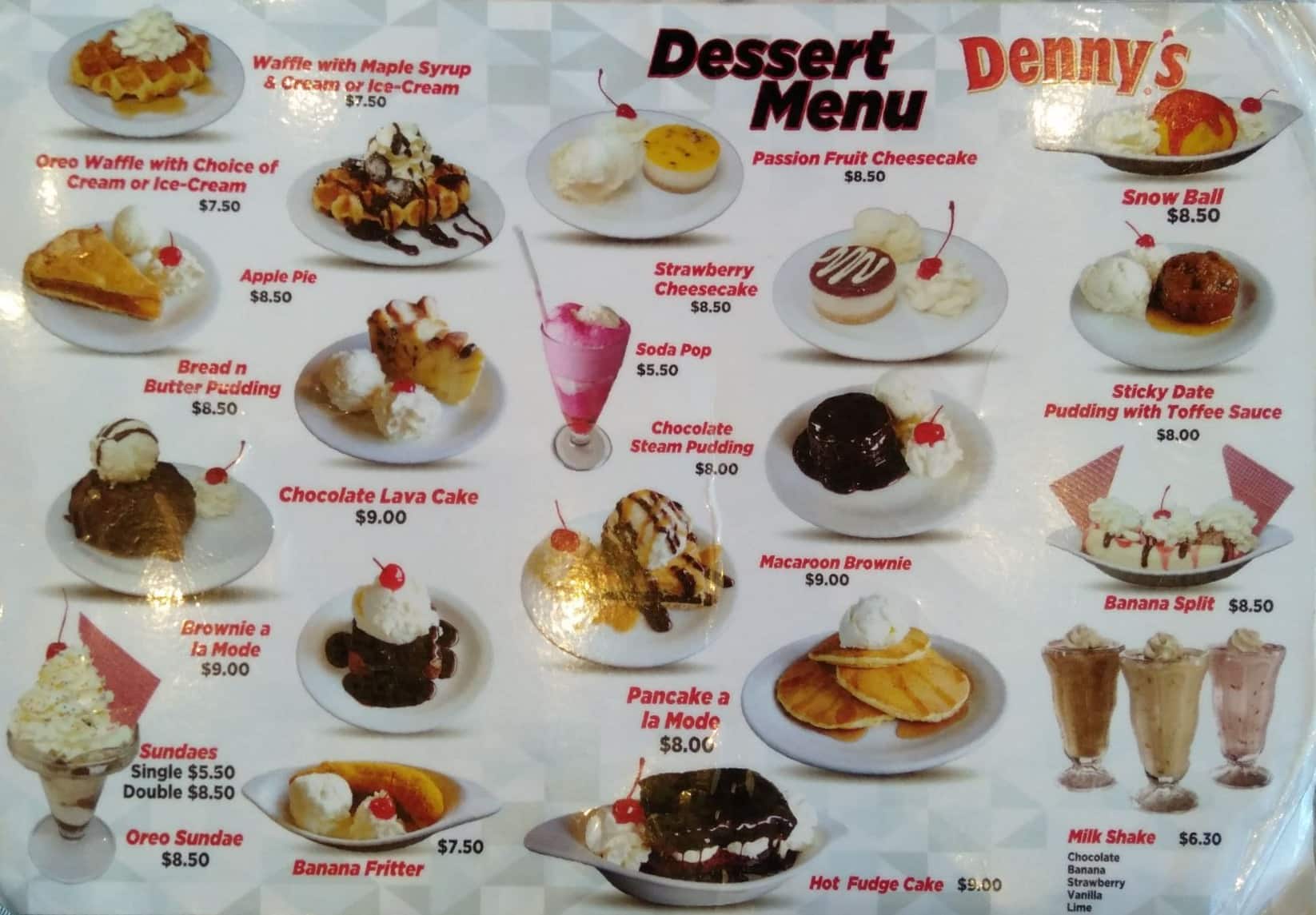 Menu at Denny's fast food, Auckland, 51 Hobson St