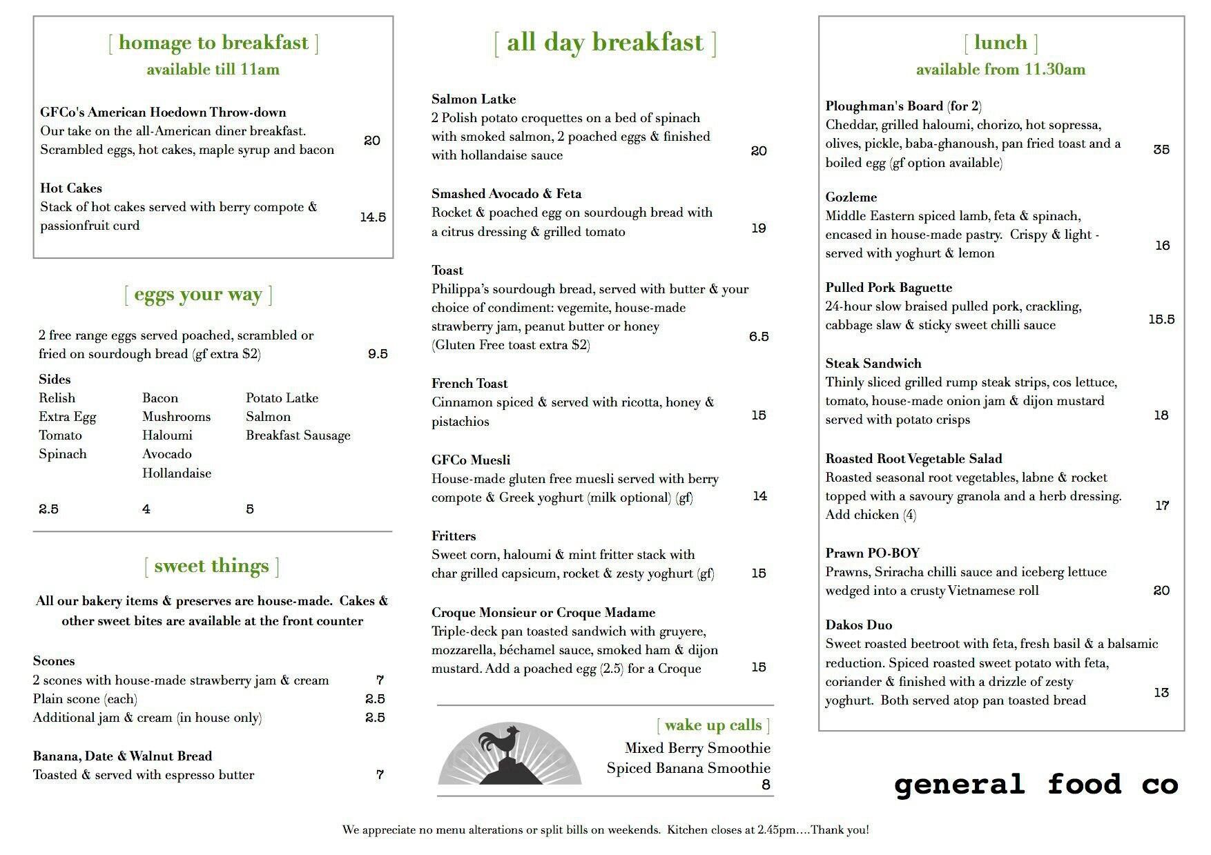 General Food Co Menu, Menu for General Food Co, Williamstown, Melbourne
