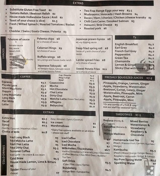 Menu at The Little Larder restaurant, New Farm, Locke Street