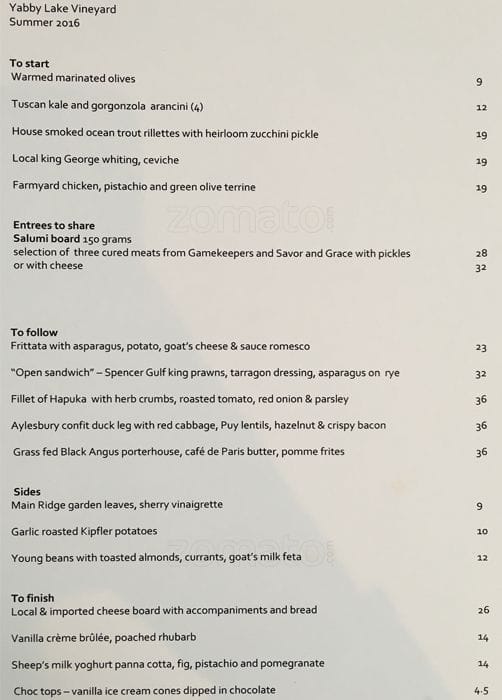 Menu at Yabby Lake Vineyard restaurant, Tuerong