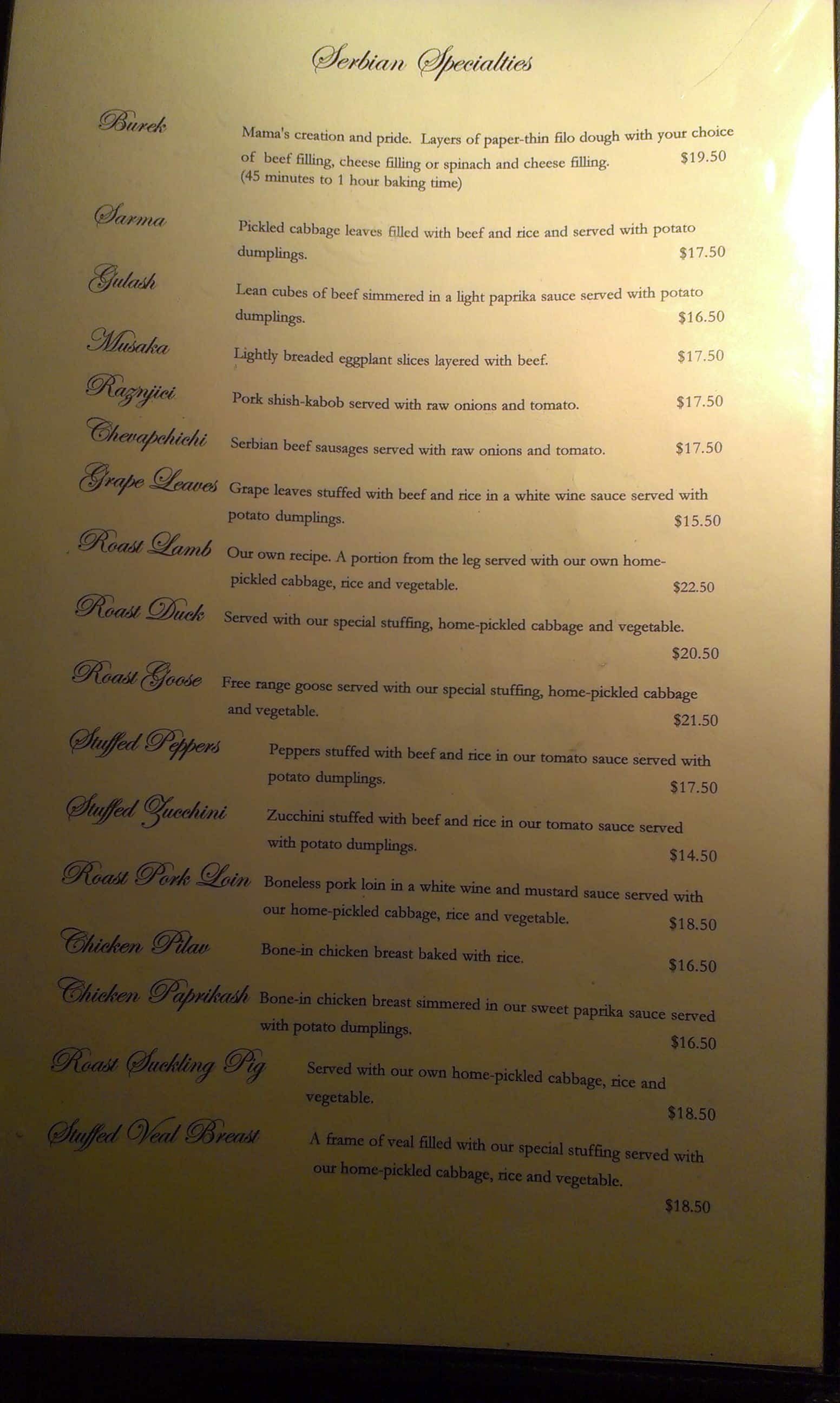 Menu at Three Brothers restaurant, Milwaukee, S St Clair St