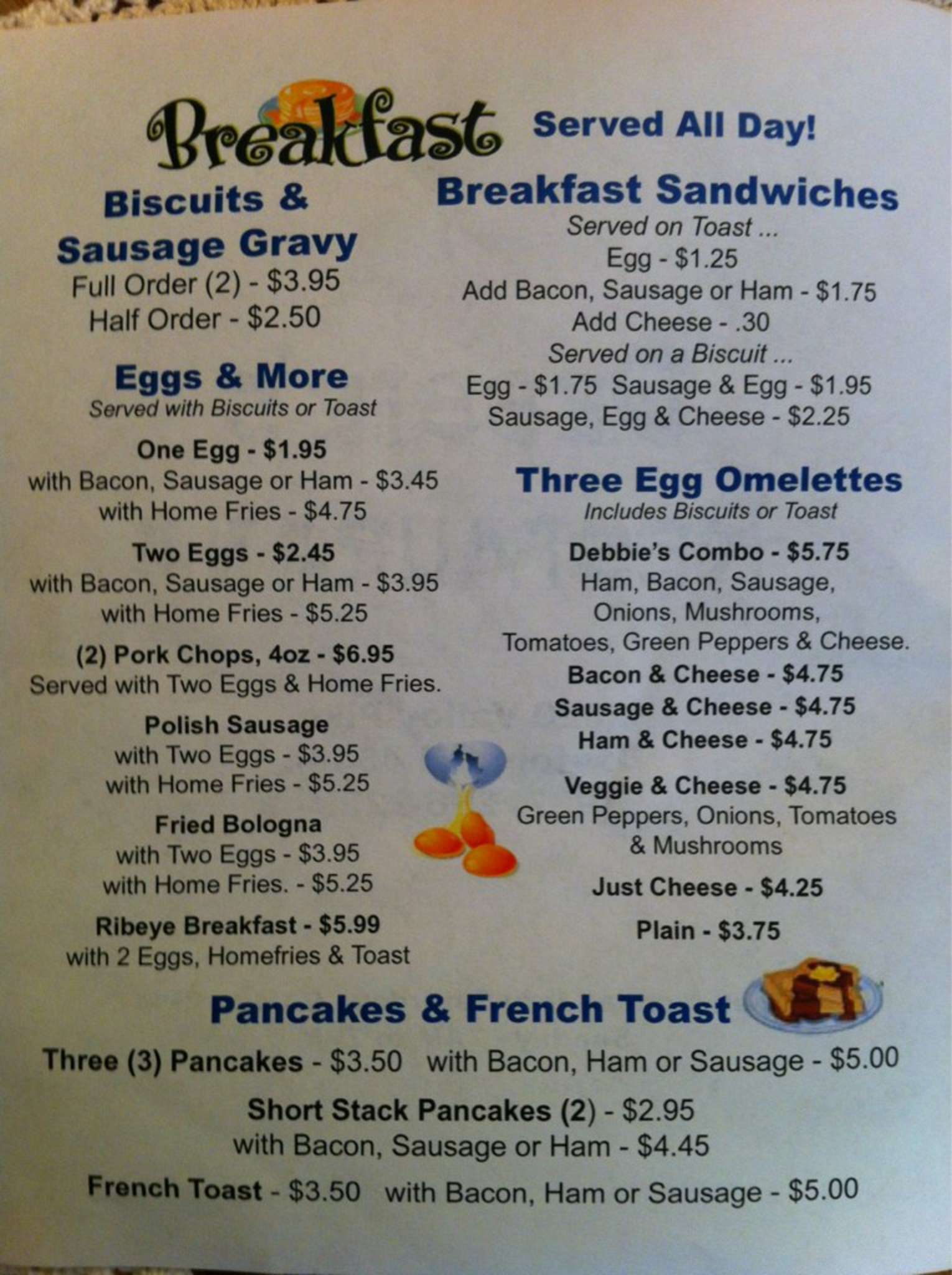Menu at Debbie's restaurant, Dayton