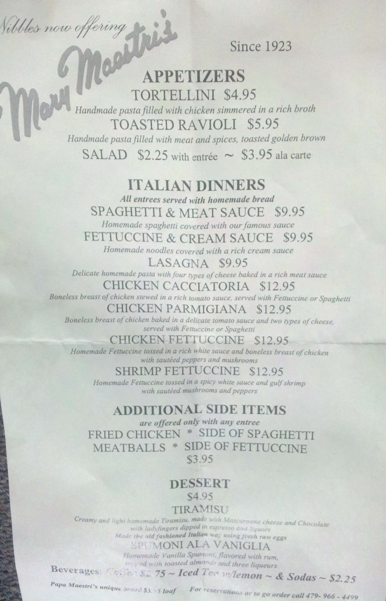 Nibbles Menu, Menu for Nibbles, Fayetteville, Northwest Arkansas