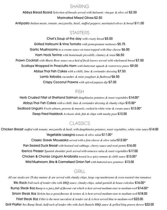 Menu at Abbys Bistro pub & bar, Grimsby