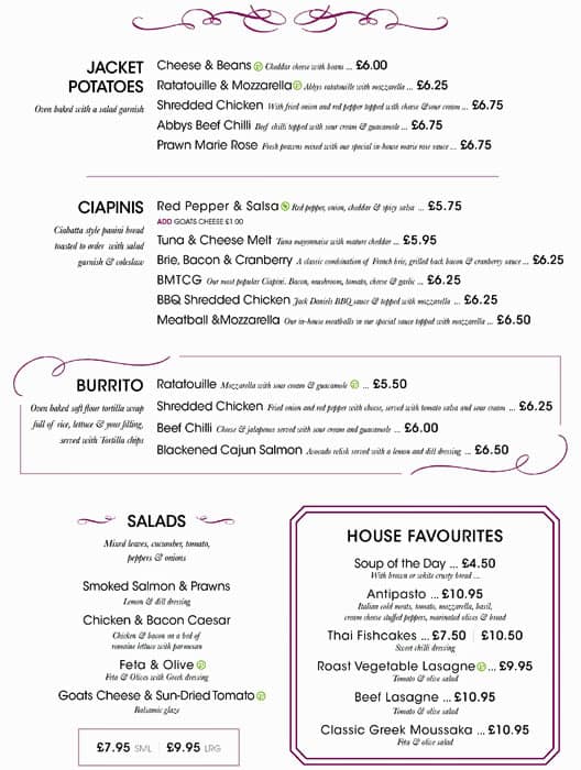Menu at Abbys Bistro pub & bar, Grimsby