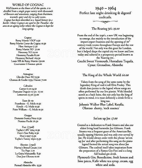 Menu at Savoy Grill pub & bar, London, The Savoy Covent Garden