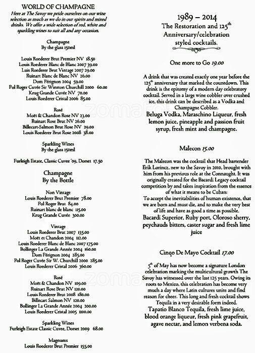 Menu at Savoy Grill pub & bar, London, The Savoy Covent Garden