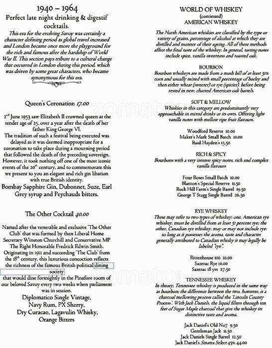 Menu at Savoy Grill pub & bar, London, The Savoy Covent Garden