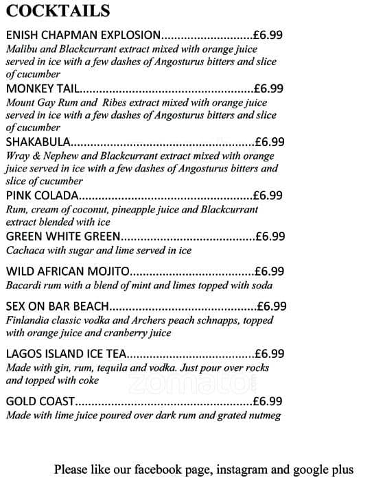 Menu at Enish Nigerian Restaurant, London, 228 Lewisham High St