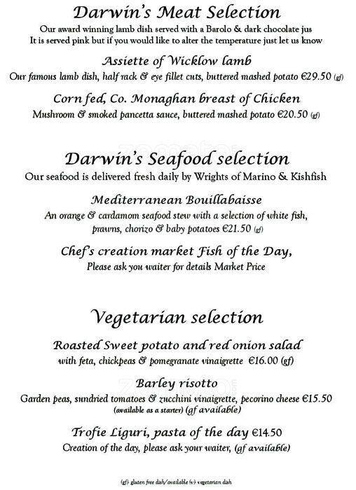 Darwins Menu, Menu de Darwins, South City West, Dublin Zomato Irlanda
