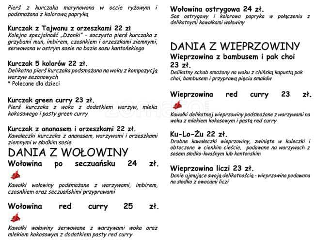 Menu at Dżonka restaurant, Warsaw