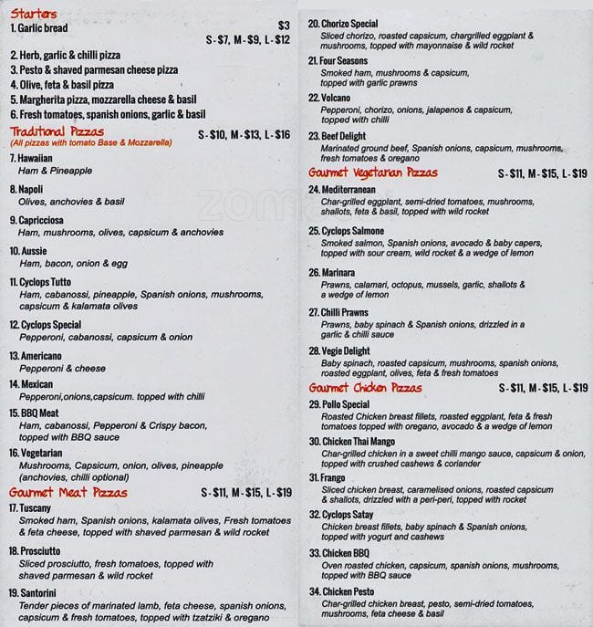 Cyclops Pizzeria Menu, Menu for Cyclops Pizzeria, Dulwich Hill, Sydney Urbanspoon/Zomato