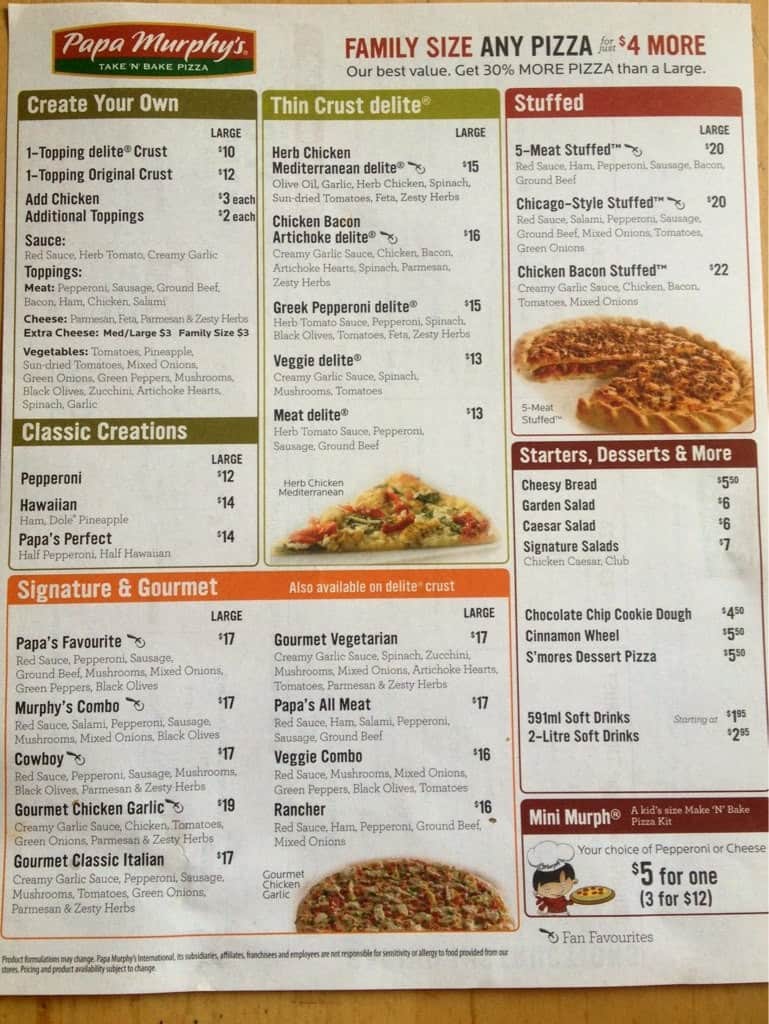 Papa Murphy S Take N Bake Pizza Menu
