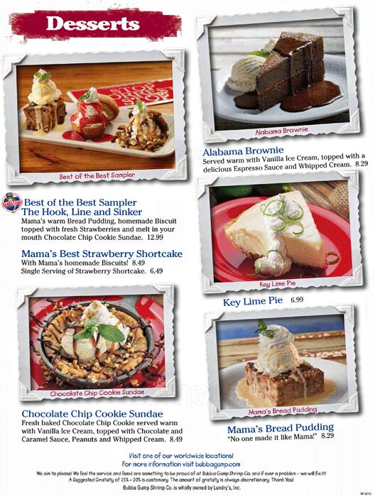 Menu at Bubba Gump Shrimp Co. restaurant, Miami