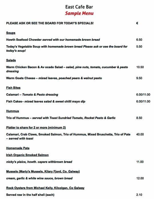 Menu at East Cafe Bar, Dublin