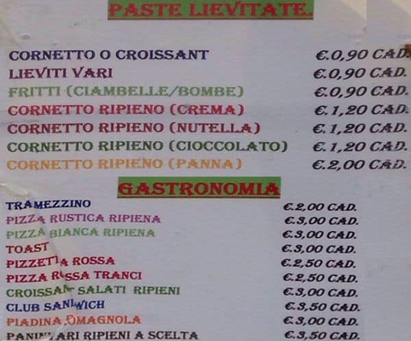 Menu di Bar Centodolci 