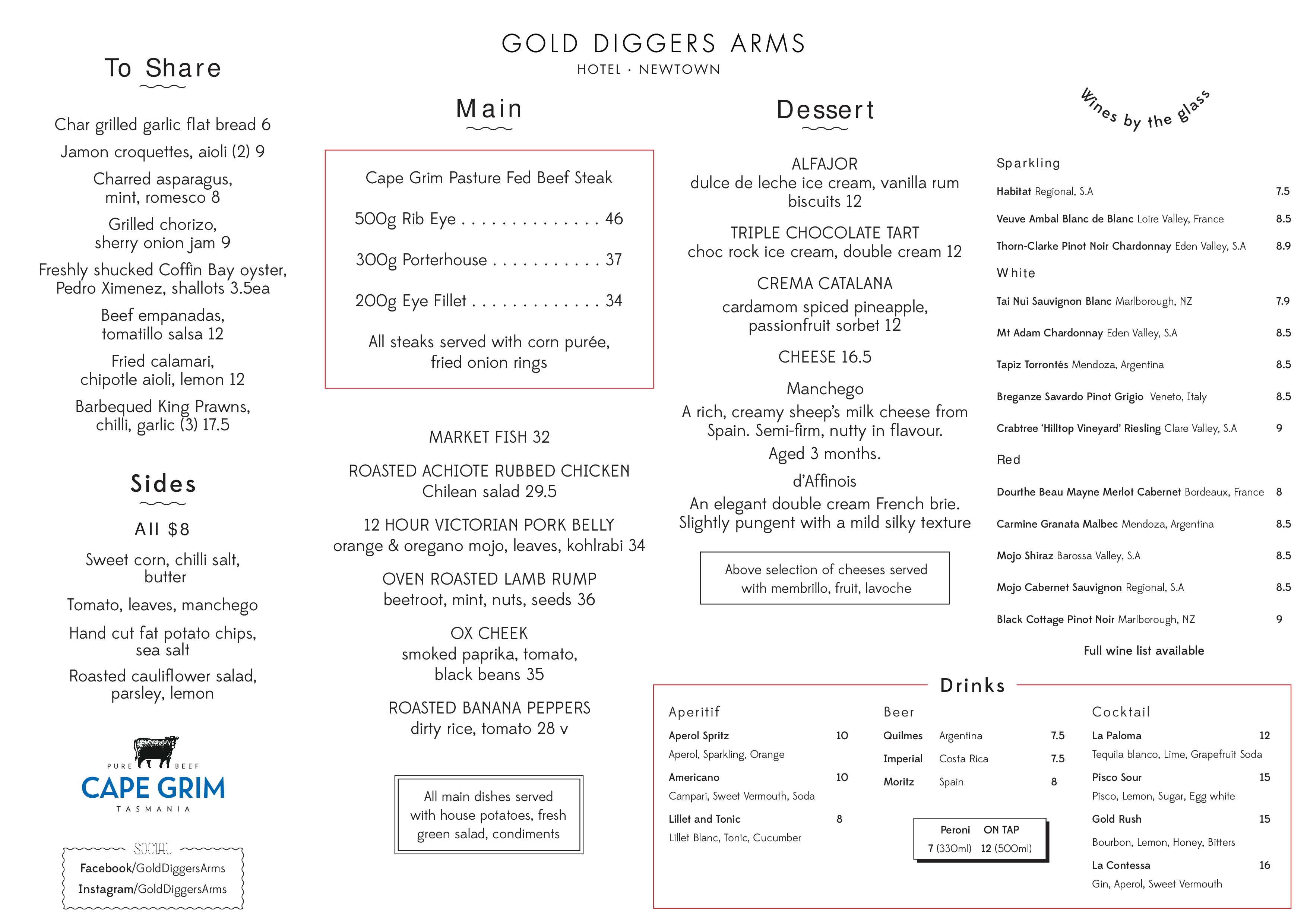 Menu at Gold Diggers Arms restaurant, Newtown