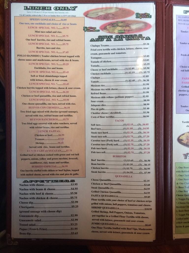 Menu at El San Jose restaurant, New Philadelphia